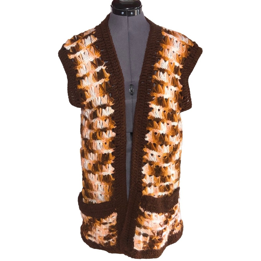 Vintage 70s Handmade Crochet Sweater Vest Brown Boho‎ Hippie B-38 S/M